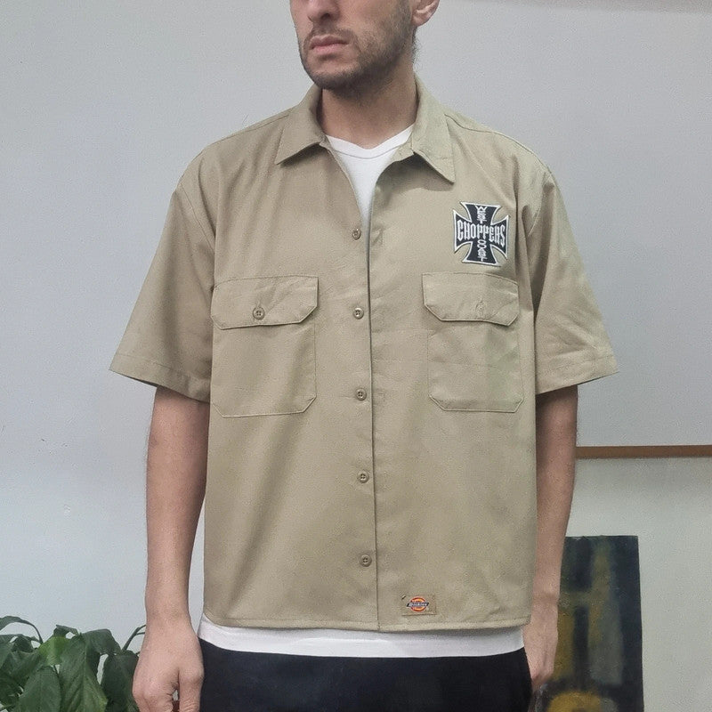 Vintage Dickies Boxy Fit Cropped Shirt Short Sleeve large plain Beige Button Up Skater Y2K Surf