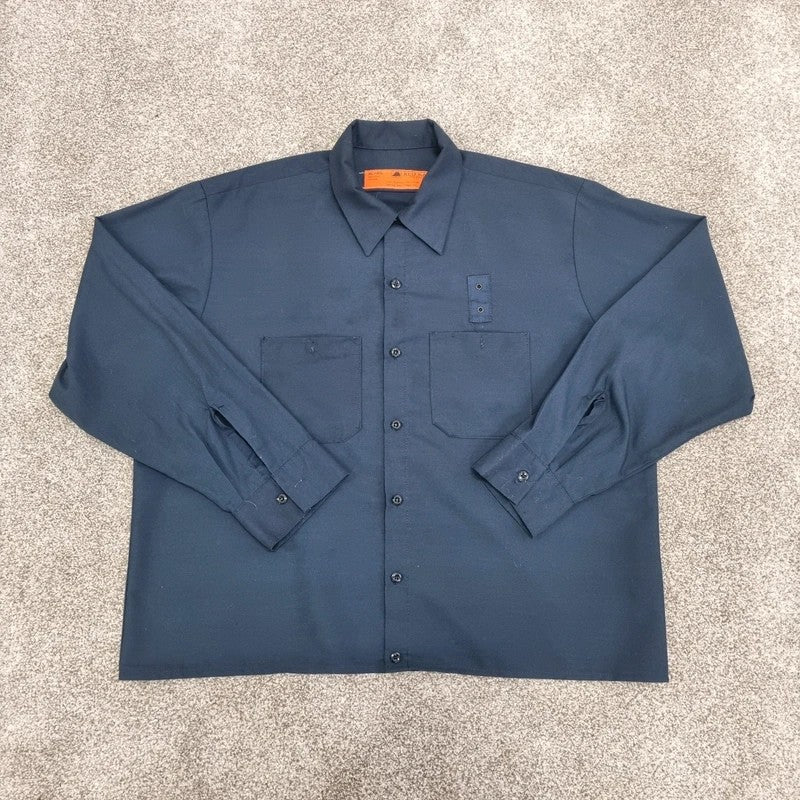 Vintage Red Kap Boxy Fit Cropped Shirt Long Sleeve XL plain navy Button Up Skater Y2K Surf