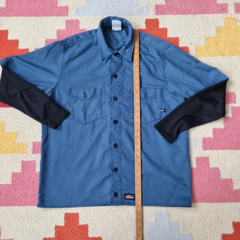 Vintage Dickies Boxy Fit Cropped shirt long Sleeve Medium plain Blue button Up Skater Y2K Surf