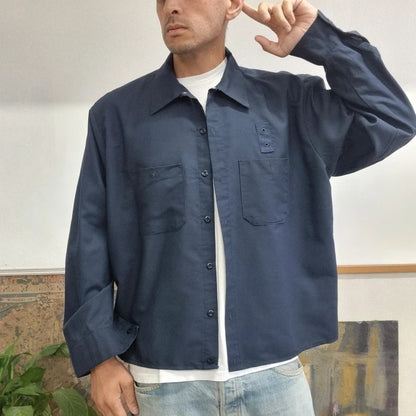 Vintage Red Kap Boxy Fit Cropped Shirt Long Sleeve XL plain navy Button Up Skater Y2K Surf
