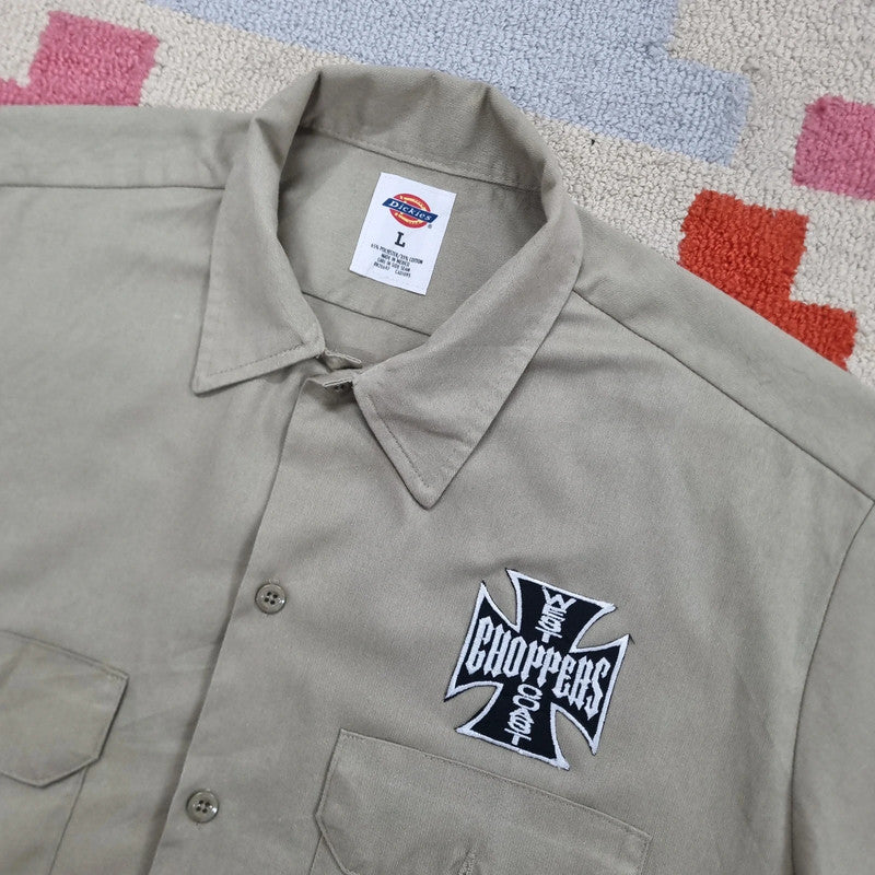 Vintage Dickies Boxy Fit Cropped Shirt Short Sleeve large plain Beige Button Up Skater Y2K Surf