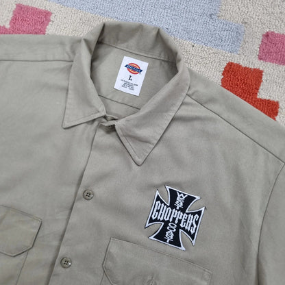 Vintage Dickies Boxy Fit Cropped Shirt Short Sleeve large plain Beige Button Up Skater Y2K Surf