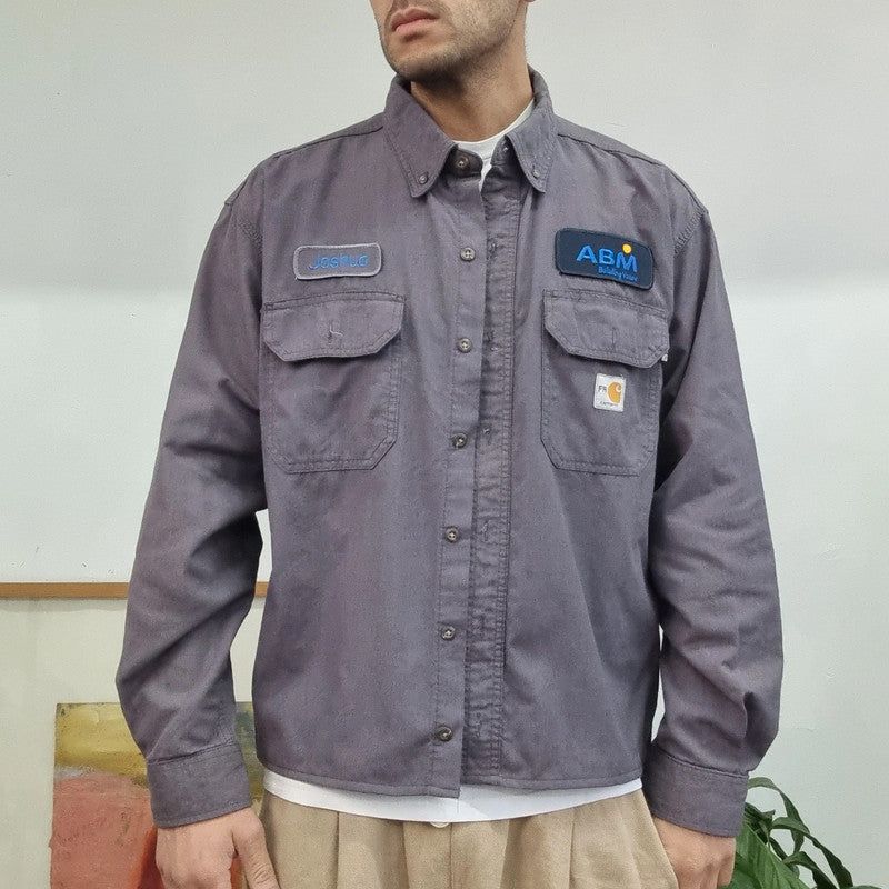 Carhartt FR Boxy Fit Cropped Shirt Long Sleeve Large plain Grey Button Up Skater Y2K Surf