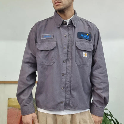 Carhartt FR Boxy Fit Cropped Shirt Long Sleeve Large plain Grey Button Up Skater Y2K Surf