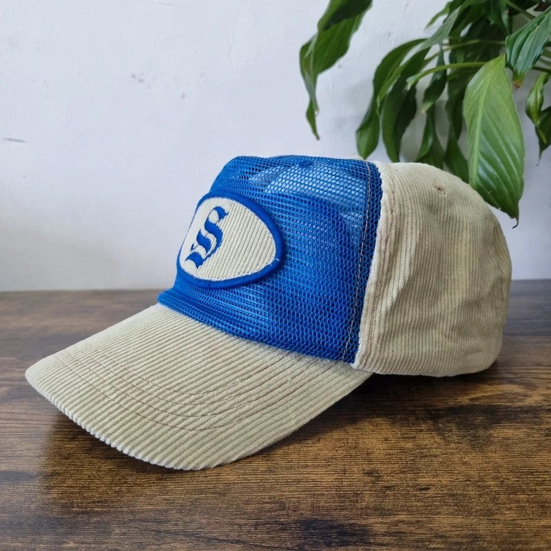 Vintage American Trucker Hat Snapback cap one size adjustable beige blue S logo