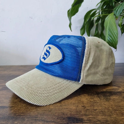 Vintage American Trucker Hat Snapback cap one size adjustable beige blue S logo