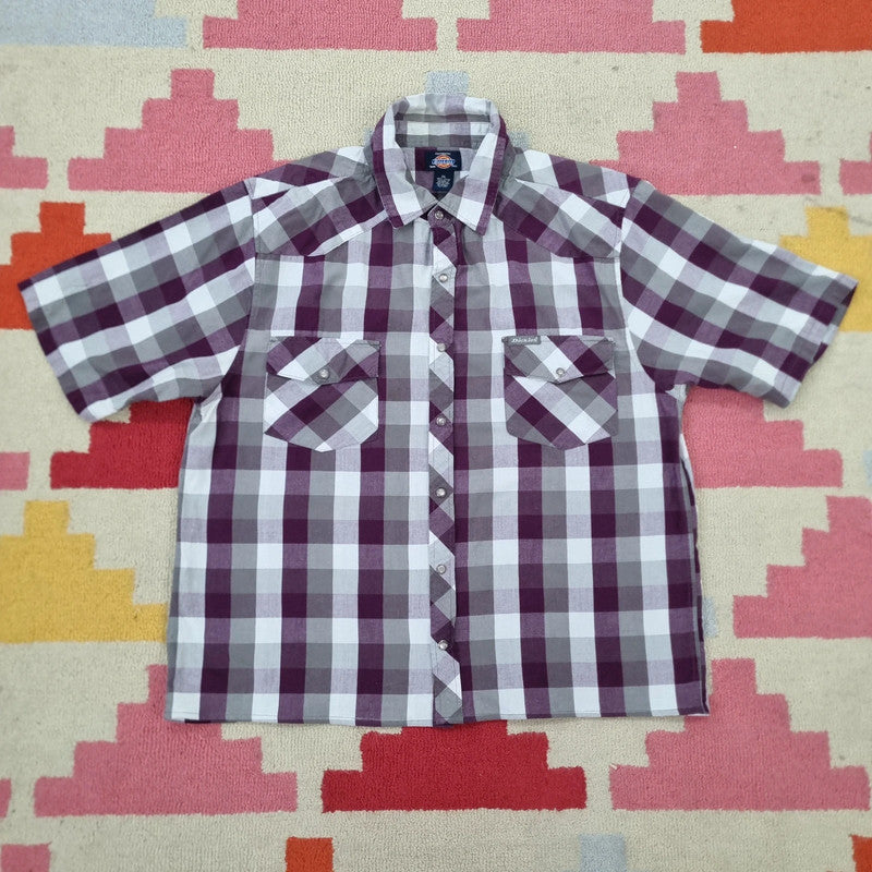 Dickies Boxy Fit Cropped Shirt Short Sleeve large check purple white Button Up Skater Y2K Surf