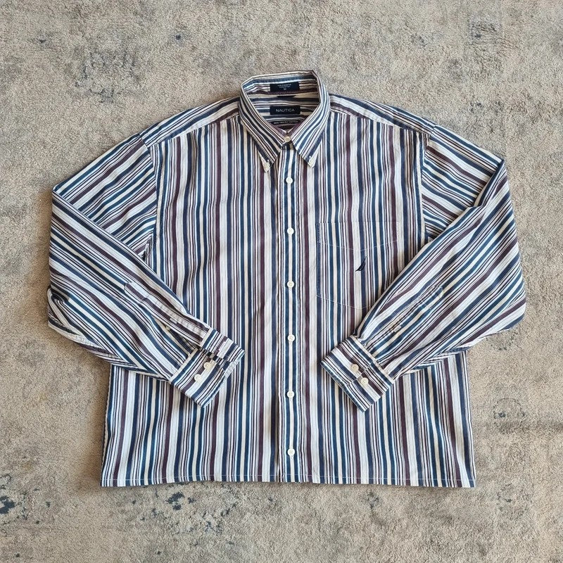 Vintage Nautica Boxy Fit Cropped Shirt Long Sleeve Medium striped multi Button Up Skater Y2K Surf