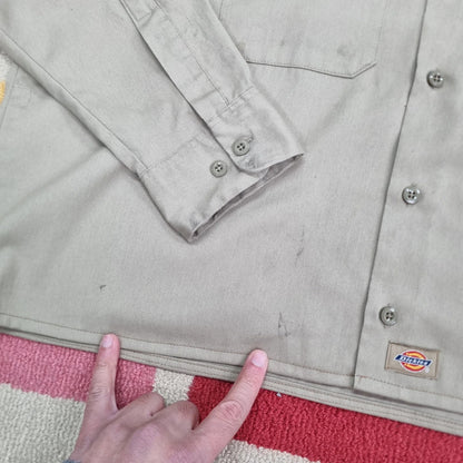 Vintage Dickies Boxy Fit Cropped Shirt Long Sleeve XL plain Beige Button Up Skater Y2K Surf