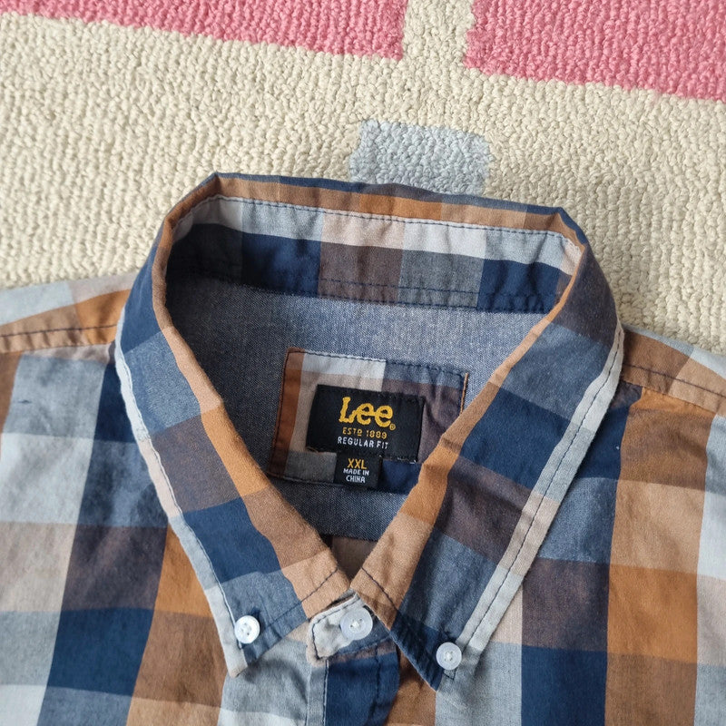 Lee Boxy Fit Cropped Shirt short Sleeve XL check brown blue Button Up Skater Y2K Surf