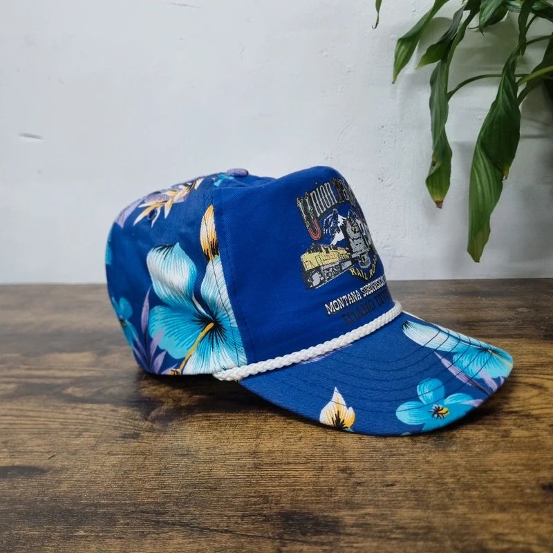 Vintage American Trucker Hat Snapback cap one size adjustable blue rail road train montana
