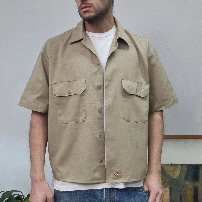 Vintage Dickies Boxy Fit Cropped Shirt Short Sleeve large plain Beige Button Up Skater Y2K Surf