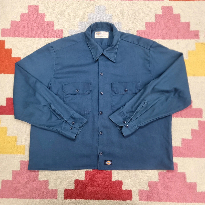 Vintage Dickies Boxy Fit Cropped Shirt Short Sleeve XL plain navy  Button Up Skater Y2K Surf