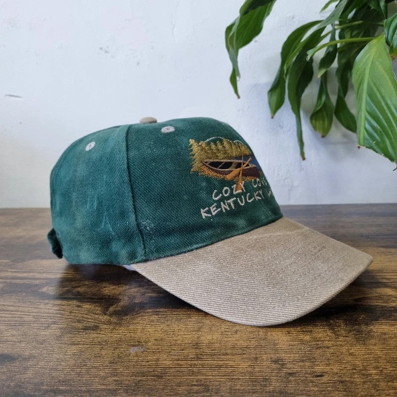 Vintage American Baseball Hat Snapback cap one size green beige cozy cove kentucky lake