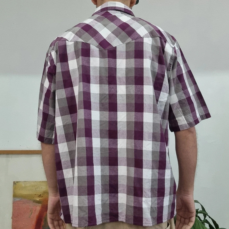 Dickies Boxy Fit Cropped Shirt Short Sleeve large check purple white Button Up Skater Y2K Surf