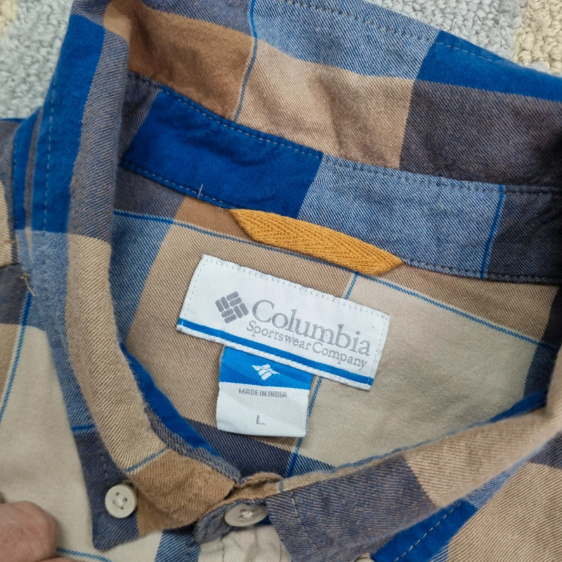 Vintage Columbia Boxy Fit Cropped Shirt Long Sleeve large Check Blue Button Up Skater Y2K Surf