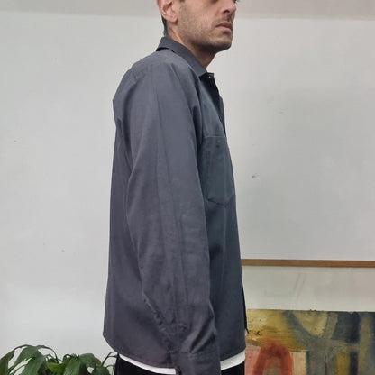 Vintage Dickies Boxy Fit Cropped Shirt long Sleeve Medium plain Grey Button Up Skater Y2K Surf