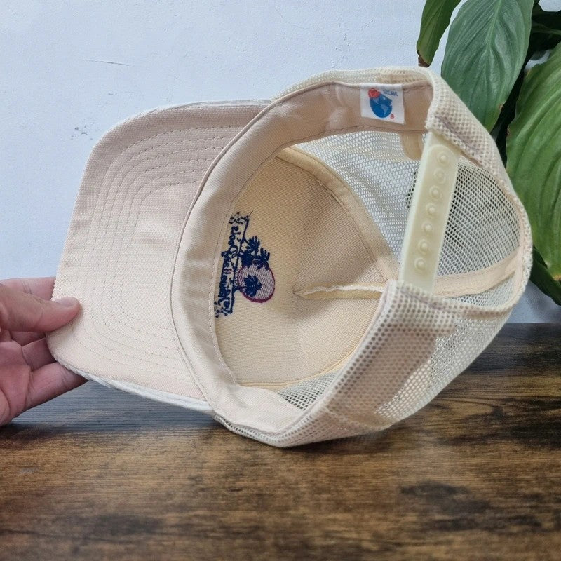 Vintage American Trucker Hat Snapback cap one size adjustable cream Hawaiian pool