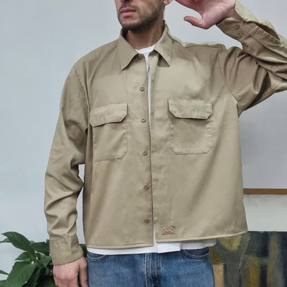 Vintage Dickies Boxy Fit Cropped Shirt Long Sleeve XL plain Beige Button Up Skater Y2K Surf