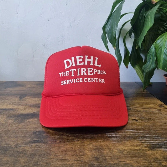 Vintage American Trucker Hat Snapback cap one size adjustable red white Diehl Tyre Shop