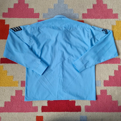 Vintage military Army Boxy Fit Cropped Shirt Long Sleeve medium plain Blue Button Up Skater Y2K