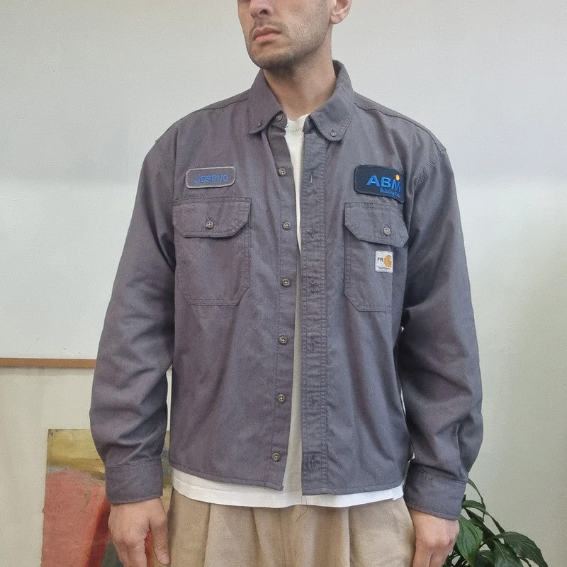 Carhartt FR Boxy Fit Cropped Shirt Long Sleeve large plain grey Button Up Skater Y2K