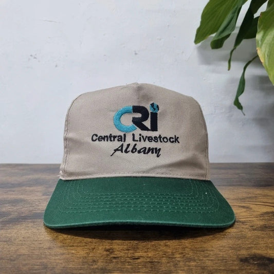 Vintage American Baseball Hat Snapback cap one size adjustable beige green central livestock