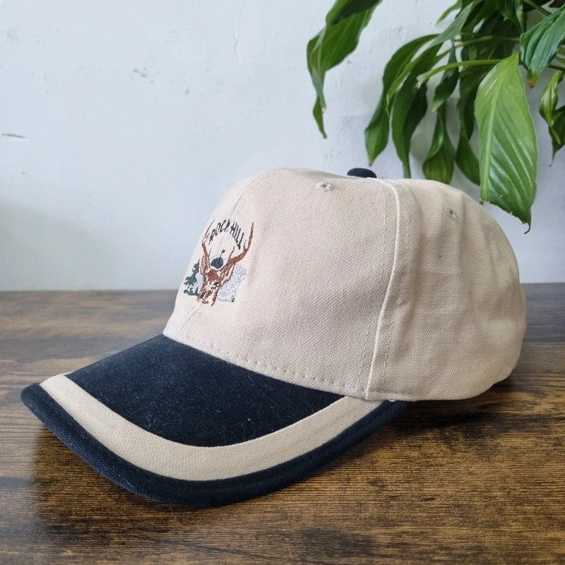 Vintage American Baseball Hat Snapback cap one size adjustable cream black rock Hill deer