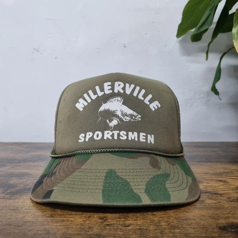 Vintage American Trucker Hat Snapback cap one size adjustable khaki camo fishing millerville fish