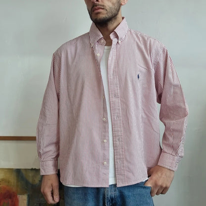 Vintage Ralph Lauren Boxy Fit Cropped Shirt Long Sleeve Large Striped red Button Up Skater Y2K