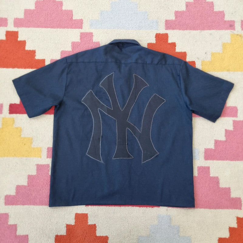 Vintage Dickies Boxy Fit Cropped Shirt short Sleeve medium plain Navy Button Up NY baseball