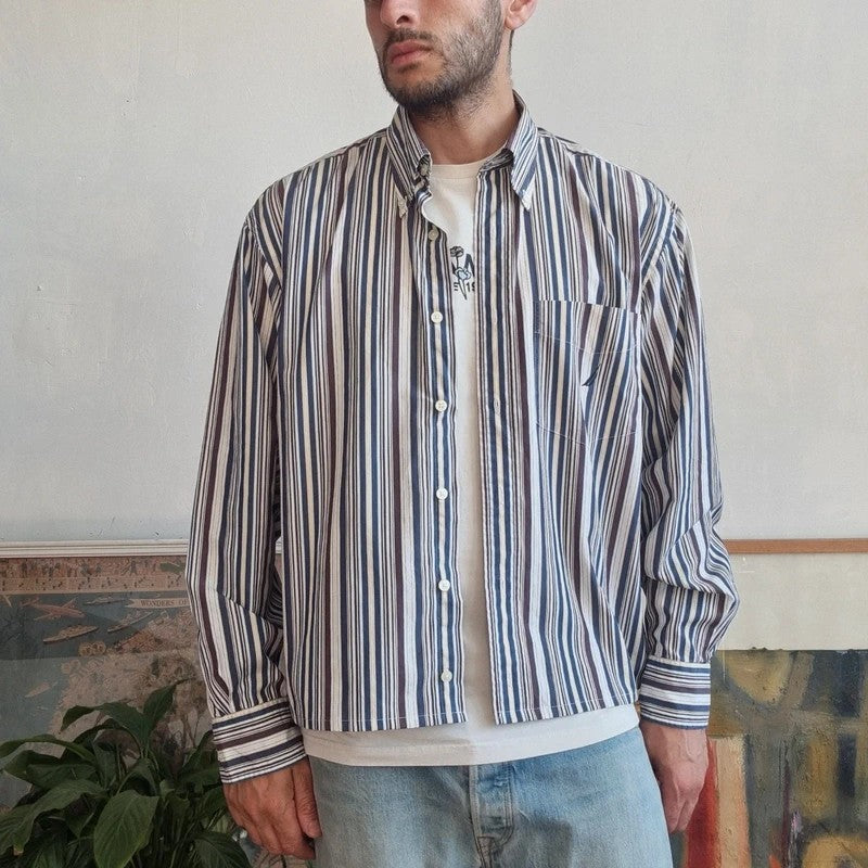 Vintage Nautica Boxy Fit Cropped Shirt Long Sleeve Medium striped multi Button Up Skater Y2K Surf