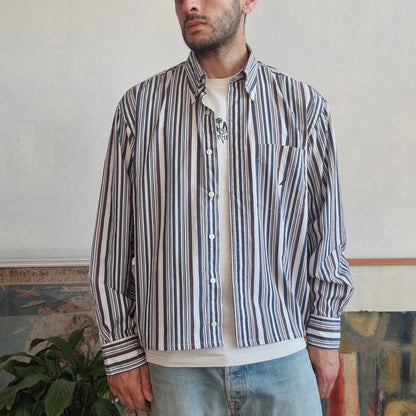 Vintage Nautica Boxy Fit Cropped Shirt Long Sleeve Medium striped multi Button Up Skater Y2K Surf