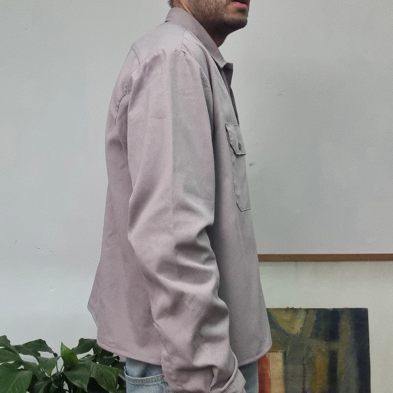 Vintage Dickies Boxy Fit Cropped Shirt Long Sleeve largr plain Grey Button Up Skater Y2K Surf