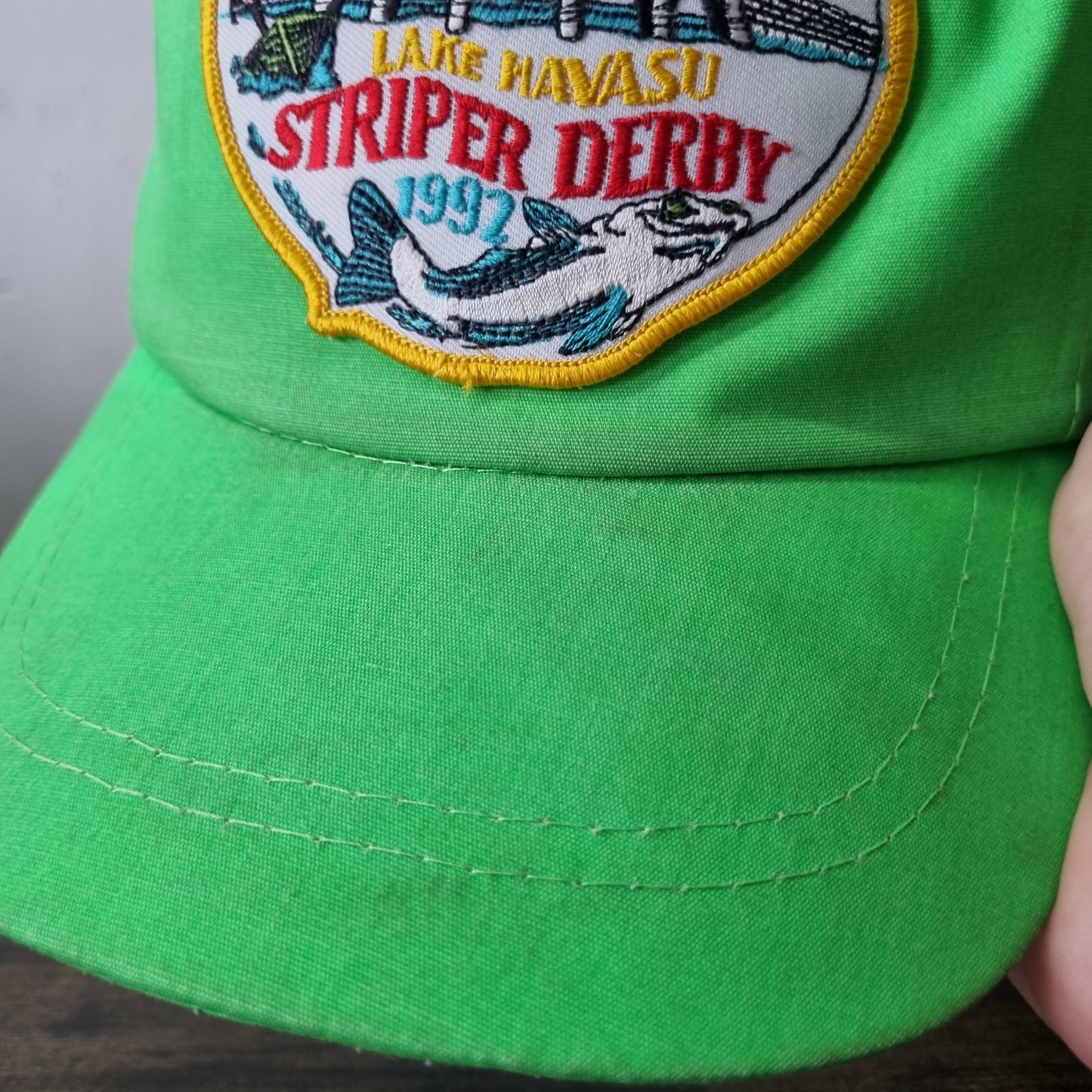 Vintage American Trucker Hat Snapback cap one size green striper derry fish