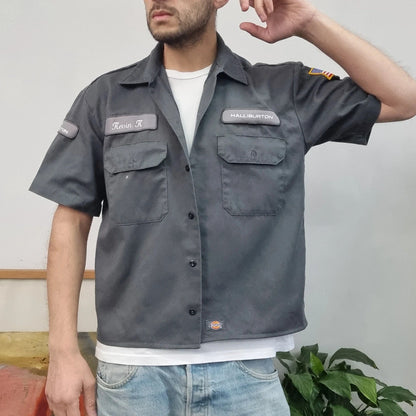 Vintage Dickies Boxy Fit Cropped Shirt Short Sleeve Medium plain grey Button Up Skater Y2K Surf