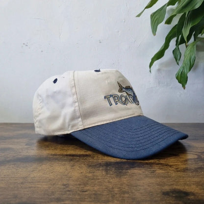 Vintage American Baseball Hat Snapback cap one size adjustable cream blue trout fish