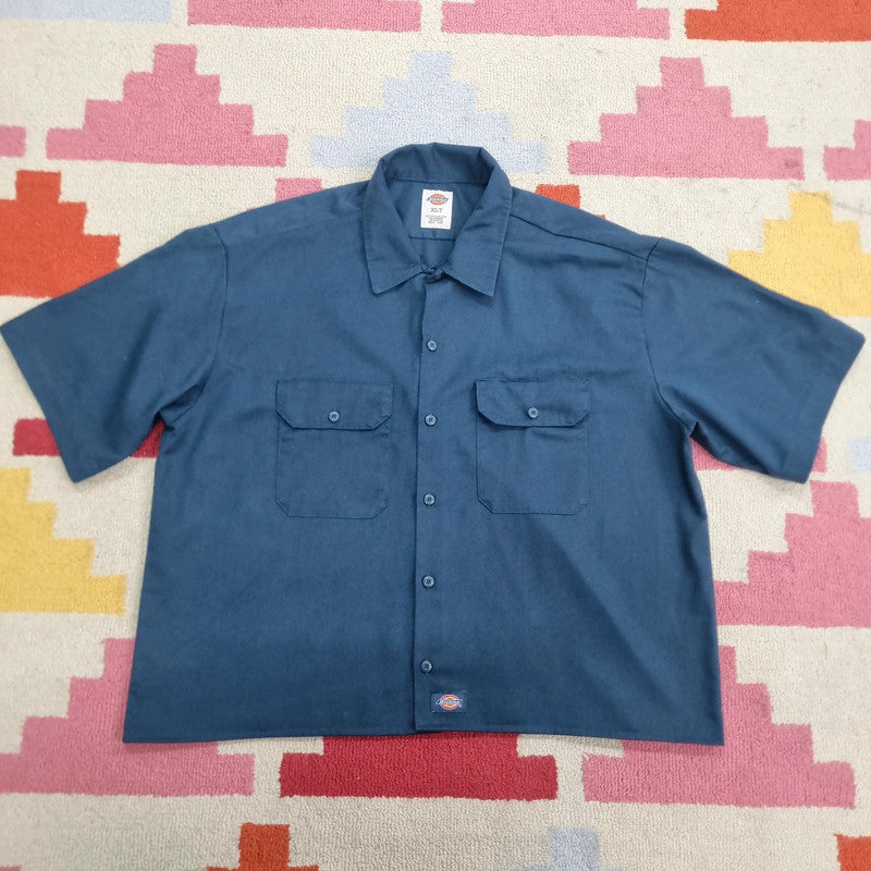 Vintage Dickies Boxy Fit Cropped Shirt Short Sleeve XL plain Navy Button Up Skater Y2K Surf