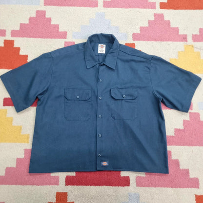Vintage Dickies Boxy Fit Cropped Shirt Short Sleeve XL plain Navy Button Up Skater Y2K Surf