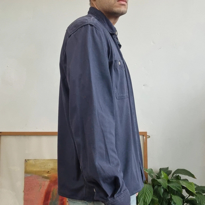 Carhartt FR Boxy Fit Cropped Shirt long Sleeve Medium plain Blue Button Up Skater Y2K Surf