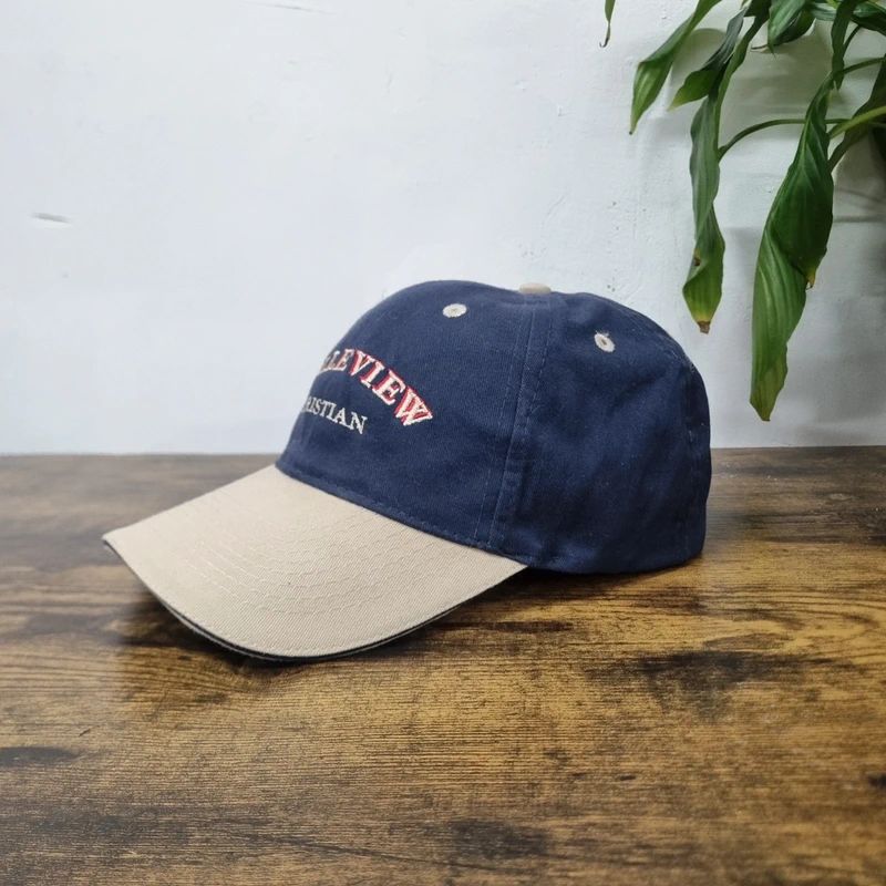 Vintage American baseball Hat Snapback cap one size adjustable belleview navy beige