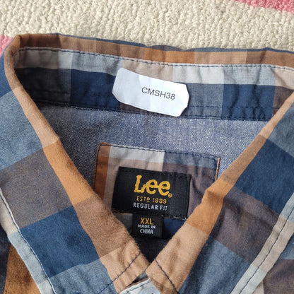 Lee Boxy Fit Cropped Shirt short Sleeve XL check brown blue Button Up Skater Y2K Surf