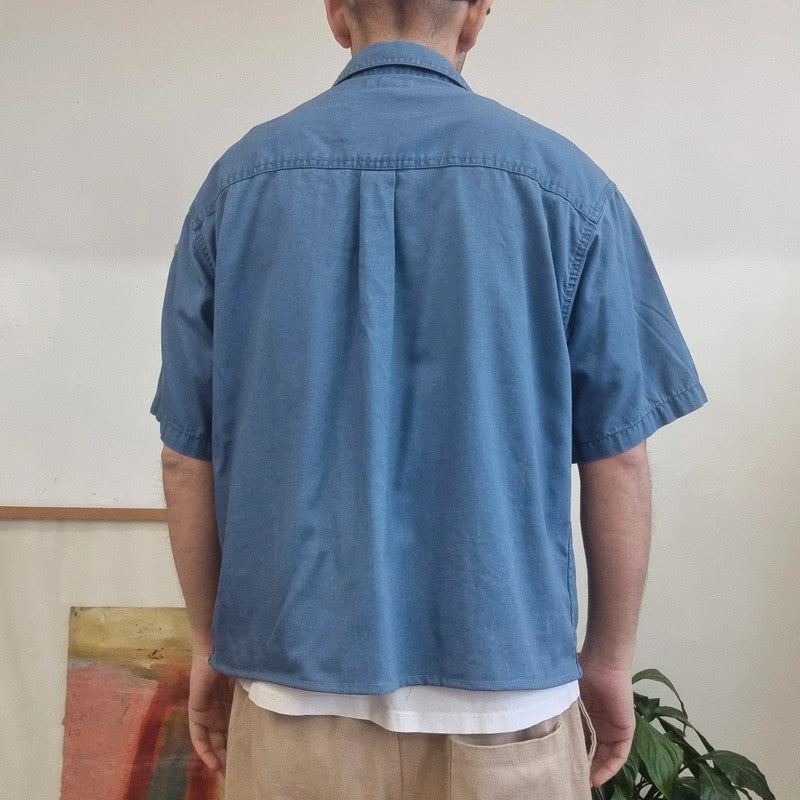 Vintage Carhartt Boxy Fit Cropped Shirt Short Sleeve large plain Blue Button Up Skater Y2K Surf