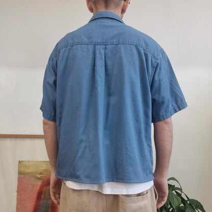 Vintage Carhartt Boxy Fit Cropped Shirt Short Sleeve large plain Blue Button Up Skater Y2K Surf