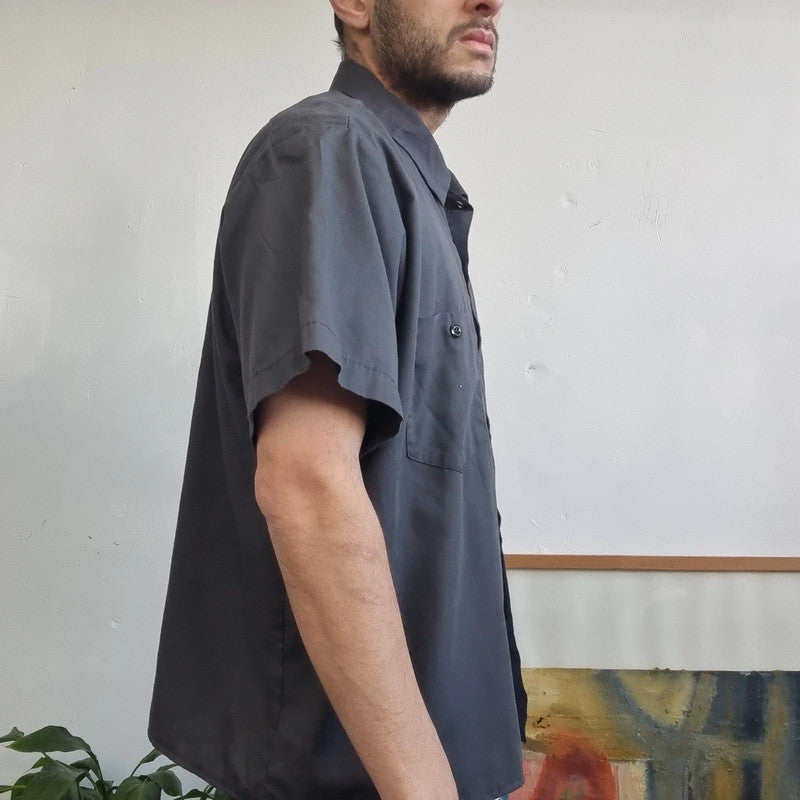 Vintage Dickies Boxy Fit Cropped Shirt Short Sleeve XL plain Grey Button Up Skater Y2K Surf