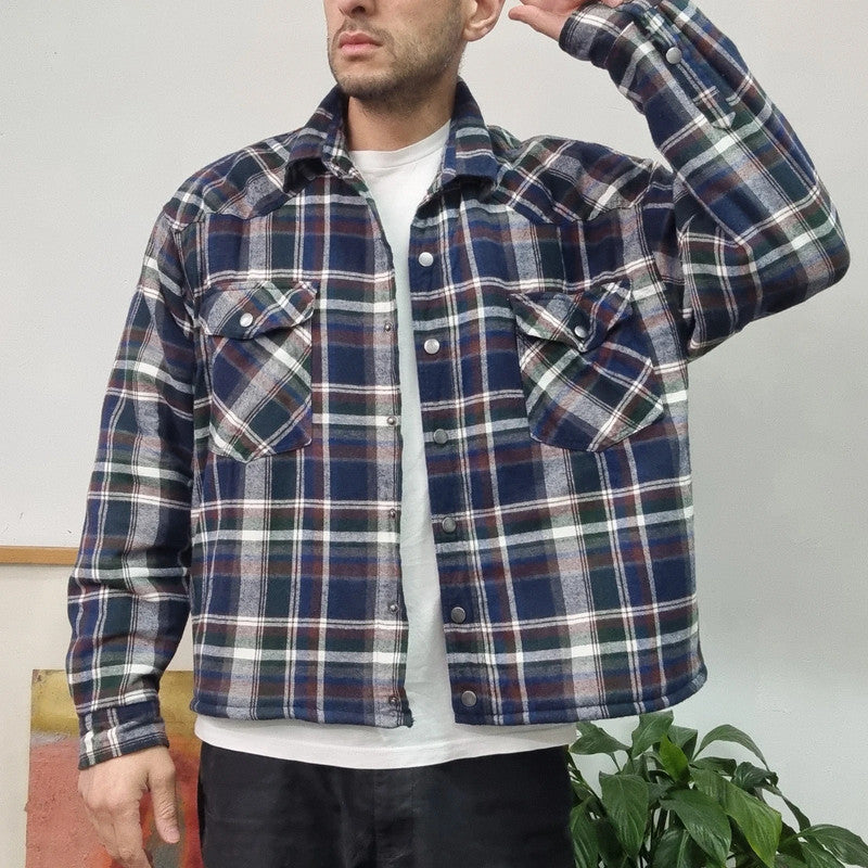 Roper Boxy Fit Cropped Over Shirt heavy weight sherpa lined long Sleeve Large check multi Button up