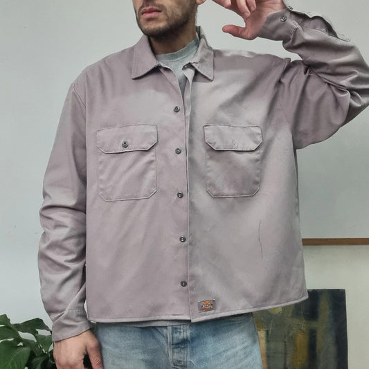 Vintage Dickies Boxy Fit Cropped Shirt Long Sleeve largr plain Grey Button Up Skater Y2K Surf