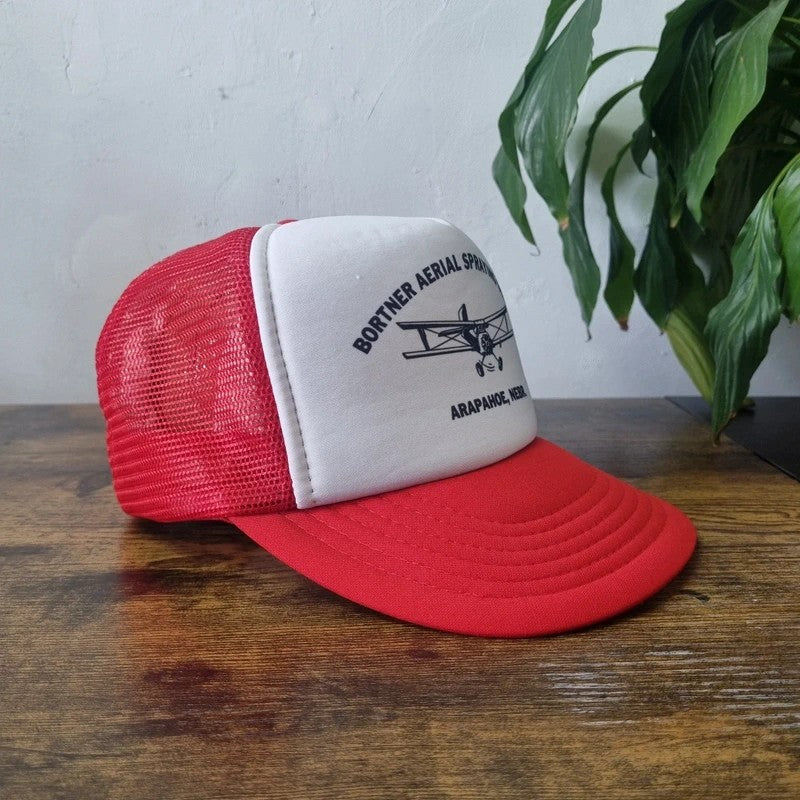 Vintage American Trucker Hat Snapback cap one size ariel spraying plane white red