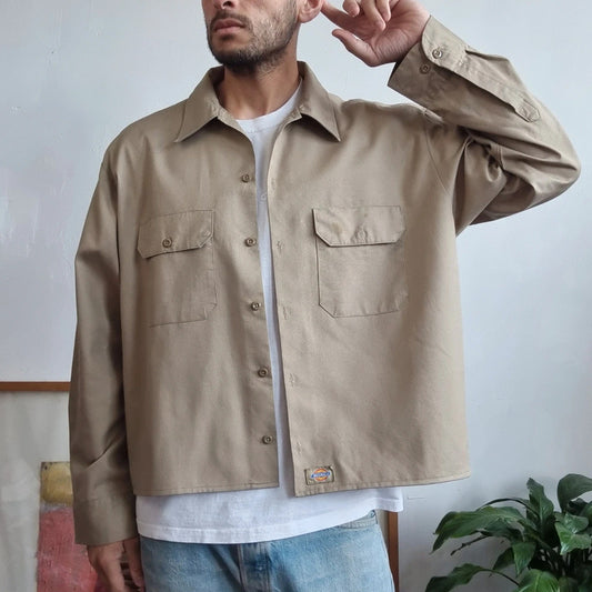 Vintage Dickies Boxy Fit Cropped Shirt Long Sleeve XL plain Beige Button Up Skater Y2K Surf