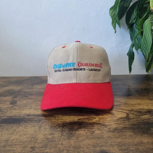 Vintage American baseball Hat Snapback cap one size adjustable red beige edgewater hotel casino